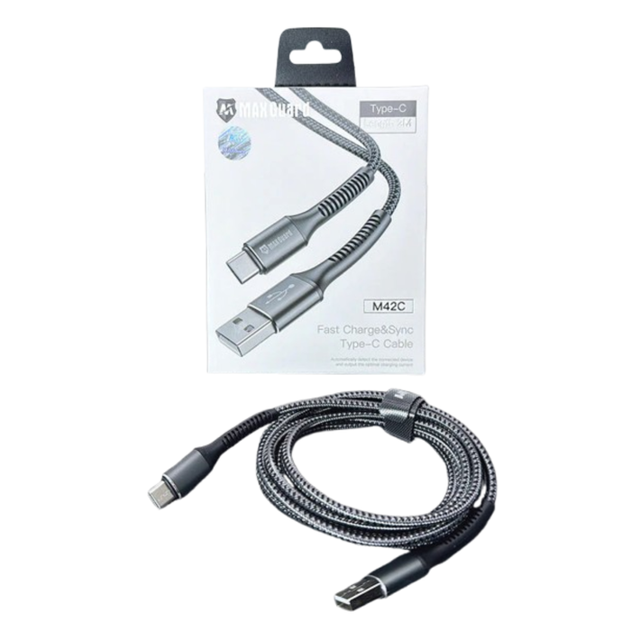 Maxguard 2m USB A to Type-C cable by 9eight5, showing the black cable with USB connectors on both ends.