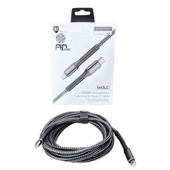 Maxguard 3m 20W Type-C to Lightning cable by 9eight5, showing a long black charging and data transfer accessory.