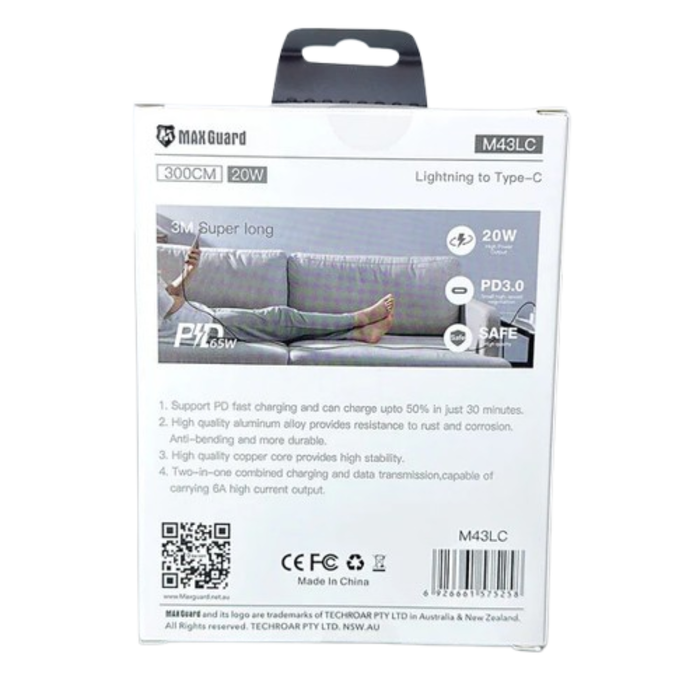 Maxguard 3m 20W Type-C to Lightning cable by 9eight5, showing a durable black charging cable with connector ends.