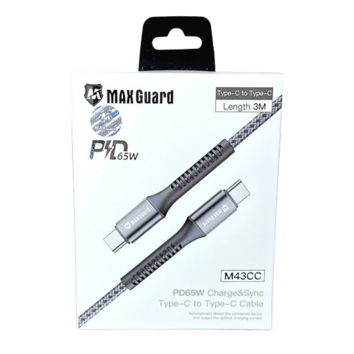 Maxguard 3m 65W Type-C to C charging cable by 9eight5, showing the cable's length and USB-C connectors for fast charging.