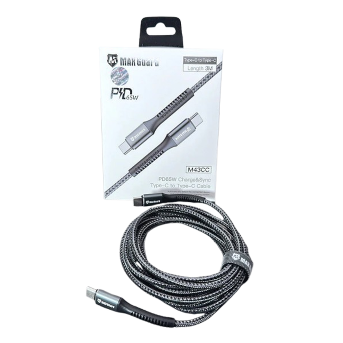 9eight5 Maxguard 3m 65W Type-C to C cable, durable accessories with USB-C connectors for fast charging and data transfer.