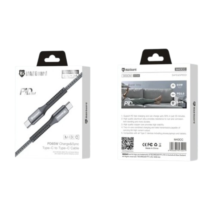 Maxguard 3m 65W Type-C to C cable by 9eight5, shown in image, with durable braided design and USB-C connectors on both ends.