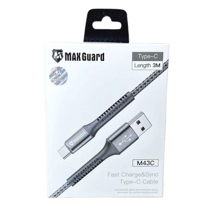 9eight5 Maxguard 3m Type-C cable with reinforced connectors and durable braided design for fast charging and data transfer.
