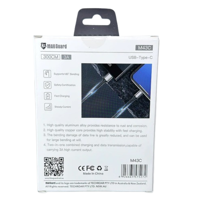 Maxguard 3m Type-C cable by 9eight5, red braided USB-C charging and data transfer cable, durable accessory for devices.