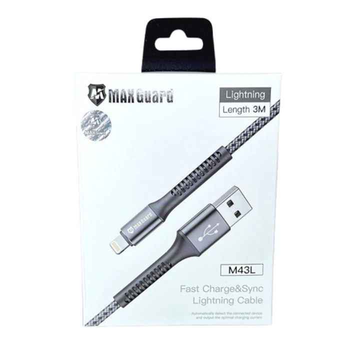 Maxguard 3m USB-A to Lightning cable by 9eight5, showing the durable cable with USB-A connector and Lightning tip for Apple devices.