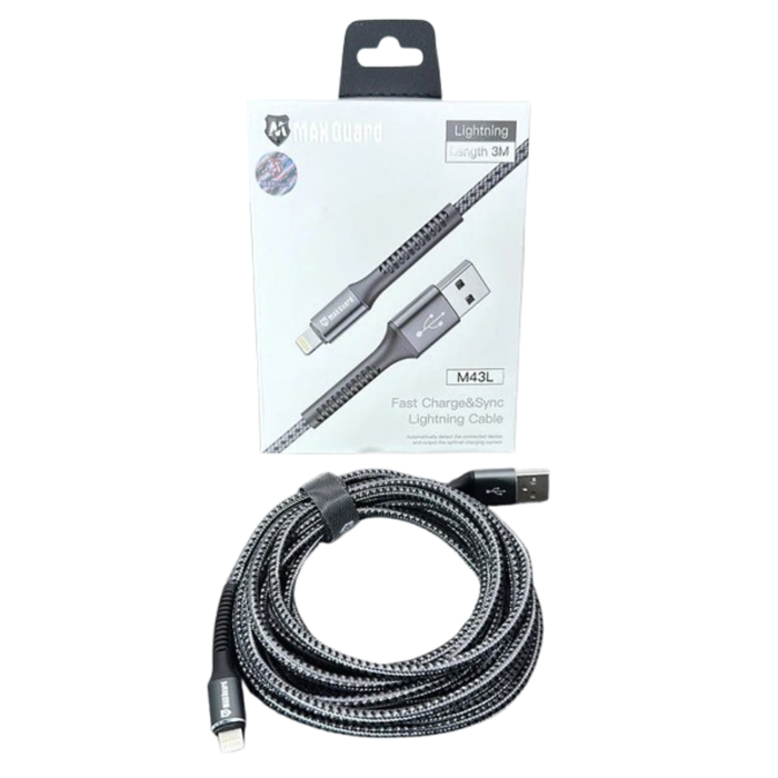 Maxguard 3m USB-A to Lightning cable by 9eight5, showing the durable white cable with USB-A and Lightning connectors.