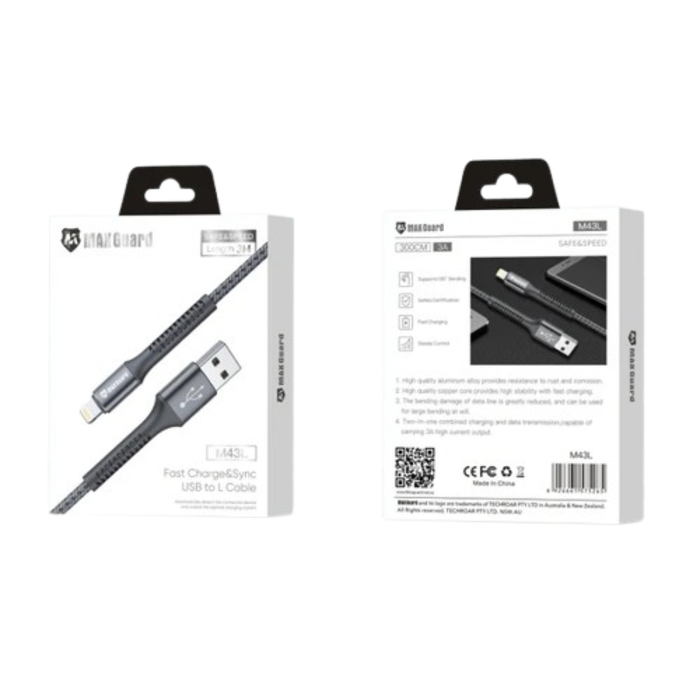 Maxguard 3m USB-A to Lightning cable by 9eight5, showing the black cable with USB-A and Lightning connectors.