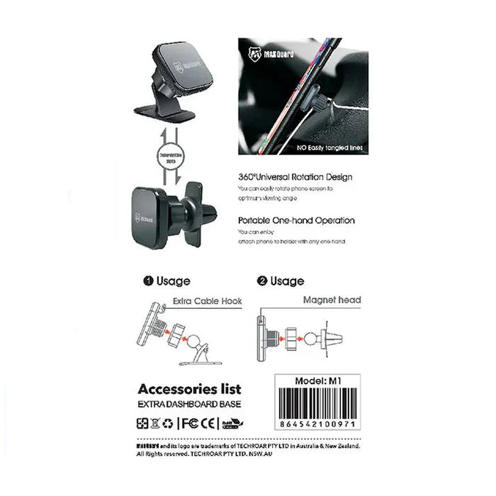 9eight5 Maxguard Car Bracket M1 for phone and tablet, mounted on a car dashboard with secure grip for devices.