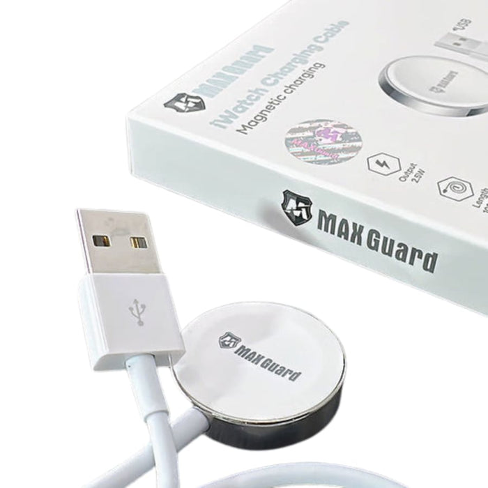 Maxguard wireless charger for Apple Watch with USB, white and silver magnetic charging pad for convenient Apple Watch charging.