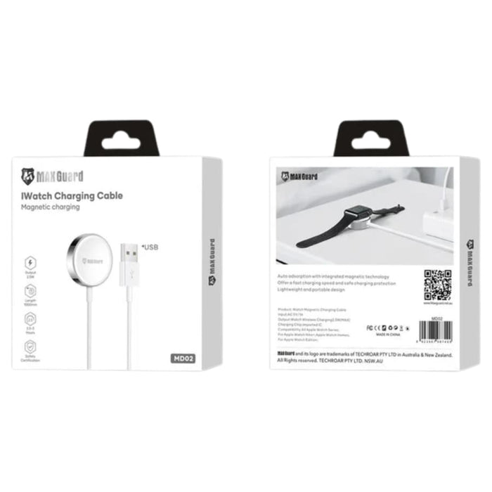 Maxguard wireless charger for Apple Watch with USB, white magnetic charging cable, compatible with Apple Watch models.