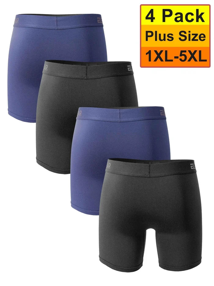 Four men's breathable boxer shorts in a pack, featuring comfortable elastic waistbands and lightweight fabric for everyday wear.