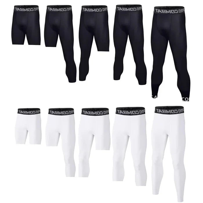 Men’s Habicare compression pants and active shorts in various colors and sizes, shown in a close-up front view.