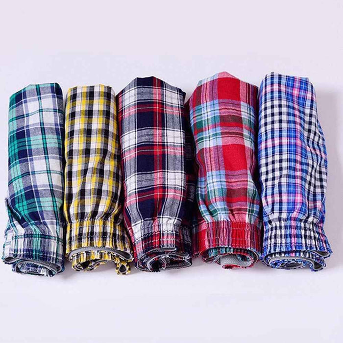 Men's cotton plaid boxer shorts with elastic waist, breathable underwear in assorted colors, available in M–3XL from Mead's Supply.