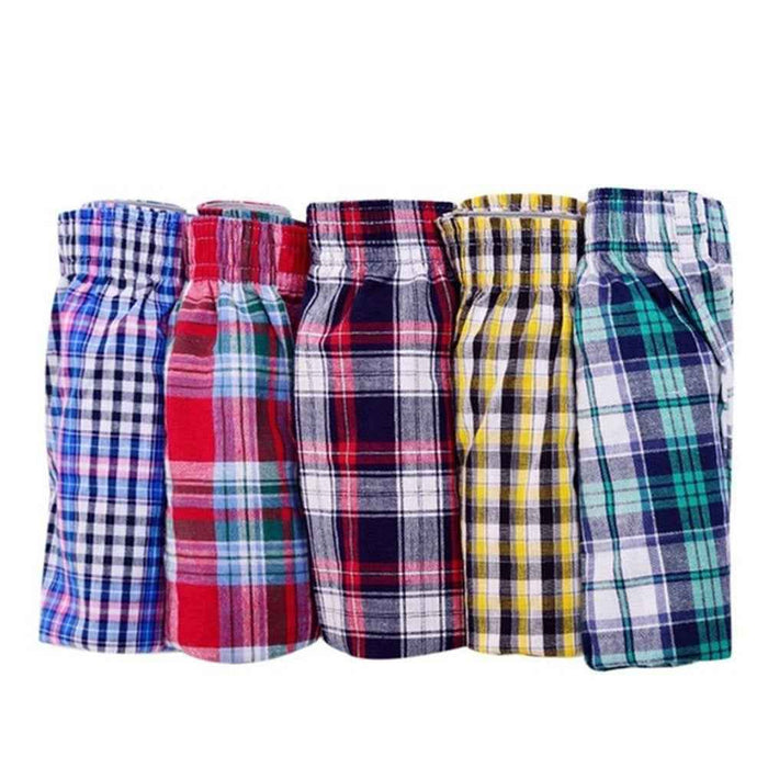 Men's cotton plaid boxer shorts with elastic waistband in assorted colors, breathable men's underwear from Mead's Supply & Equipment.