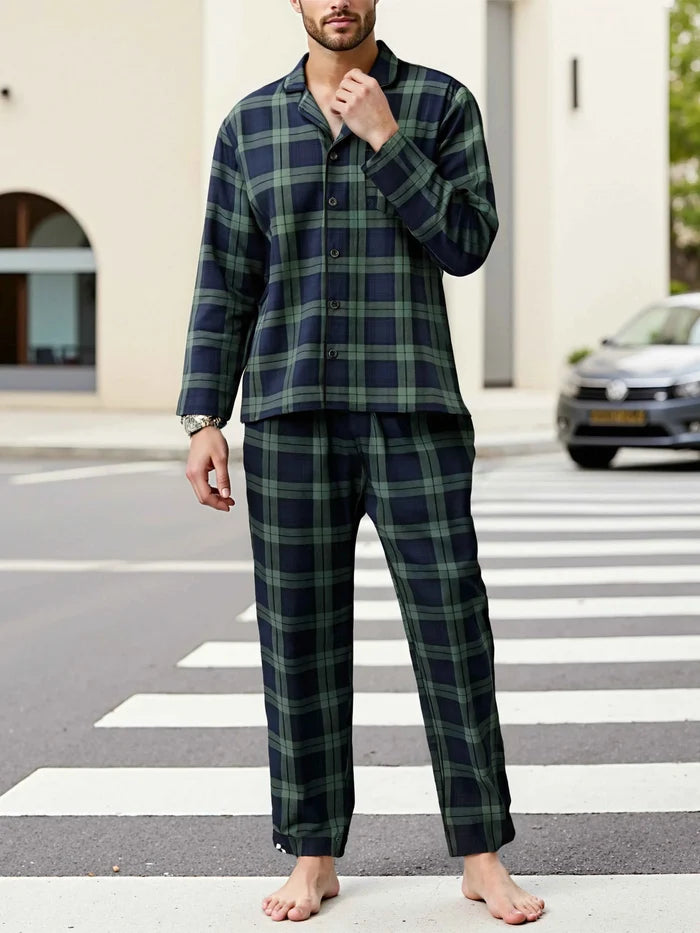 Men's plaid pajama set from ShopHub NZ featuring a comfortable, relaxed fit for lounge and sleepwear.