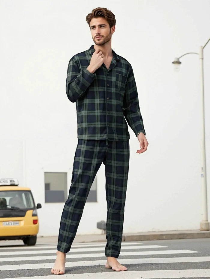 Men's plaid pyjama set from ShopHub NZ featuring comfortable lounge sleepwear for relaxed sleep and casual lounging.