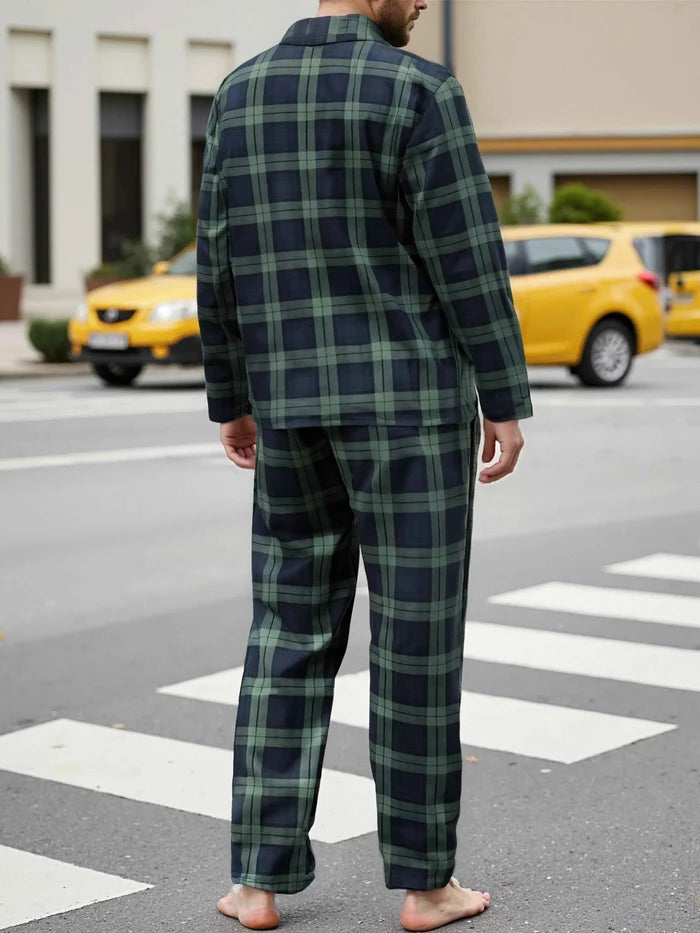 Men's plaid pajama set by ShopHub NZ featuring comfortable lounge sleepwear with a classic plaid pattern and relaxed fit.