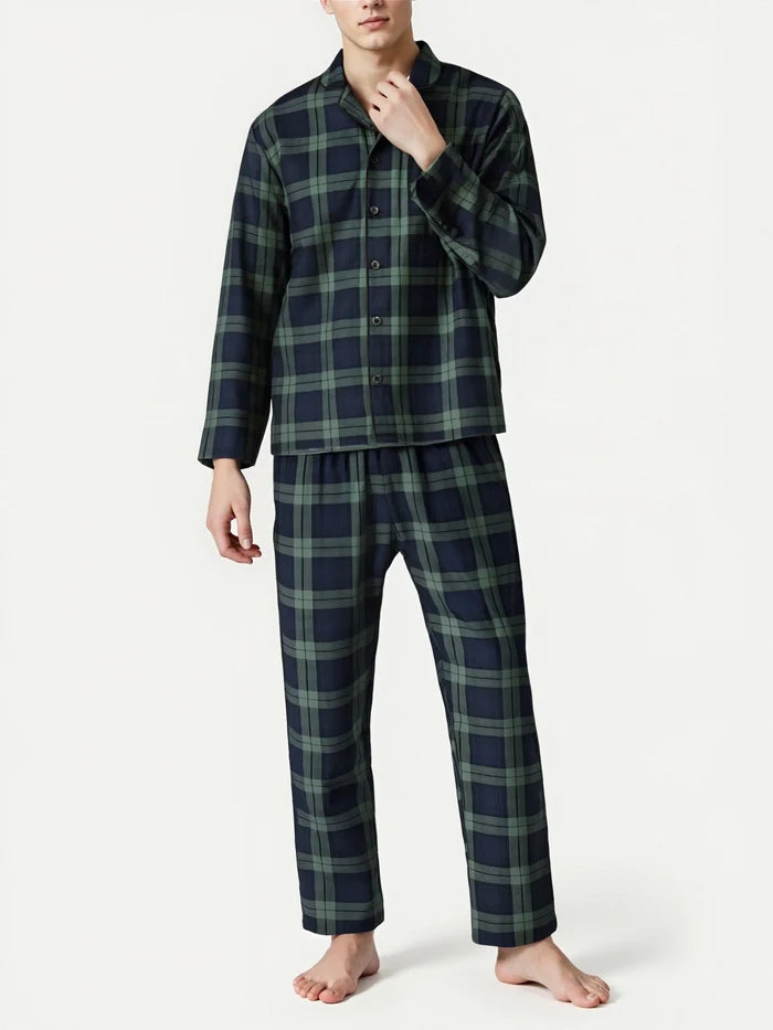 Men's plaid pajama set from ShopHub NZ, comfortable men's pyjamas for lounge and sleep, featuring a relaxed fit and classic plaid pattern.