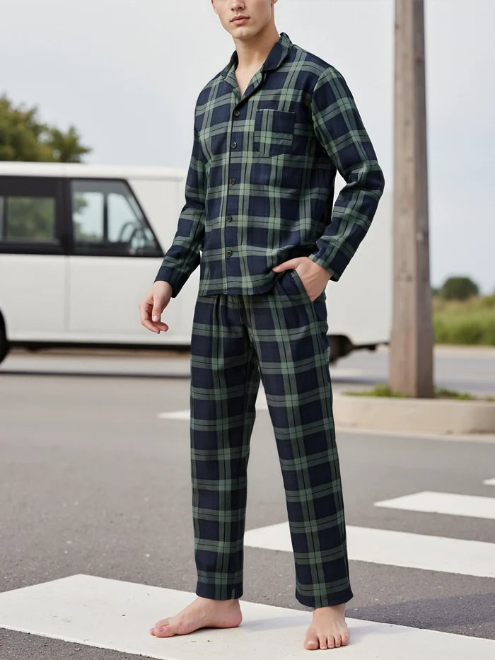 Men's plaid pajamas set from ShopHub NZ, comfortable men's sleepwear with a relaxed fit and classic plaid pattern.
