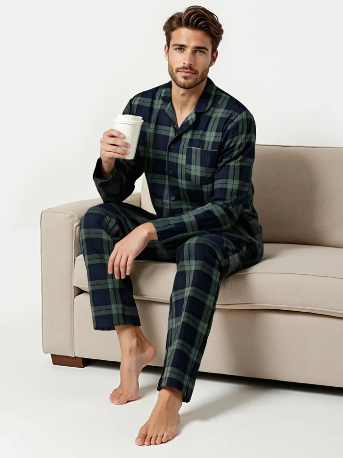 Men's plaid pajama set from ShopHub NZ, comfortable men's pyjamas for lounging and sleep in soft, cozy fabric.