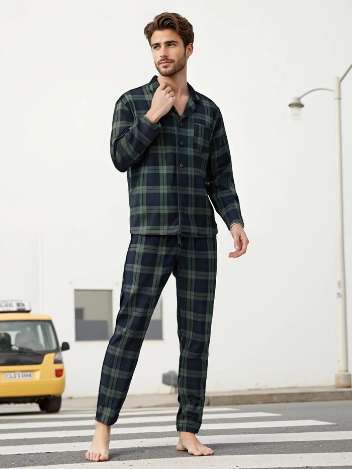 Men's plaid pajama set from ShopHub NZ, comfortable men's pyjamas for relaxing lounge sleepwear with a cozy plaid pattern.