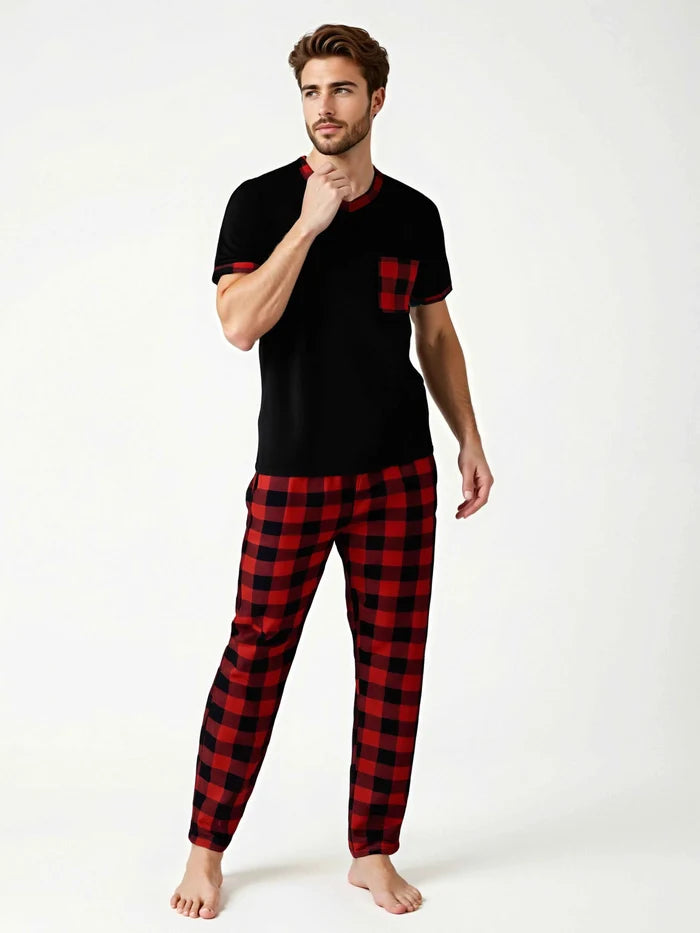 Men's plaid pajama set from ShopHub NZ featuring a cozy, relaxed fit for comfortable lounge wear.
