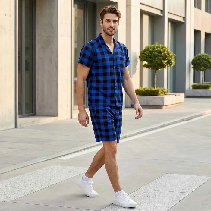 Men's short sleeve pajama set from ShopHub NZ, featuring comfortable fabric and relaxed fit for cozy nights.
