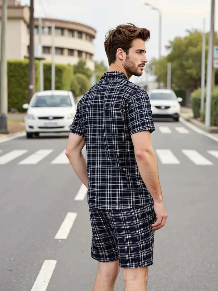 Men's short sleeve pajama set by ShopHub NZ, featuring soft fabric and relaxed fit for comfortable nights.