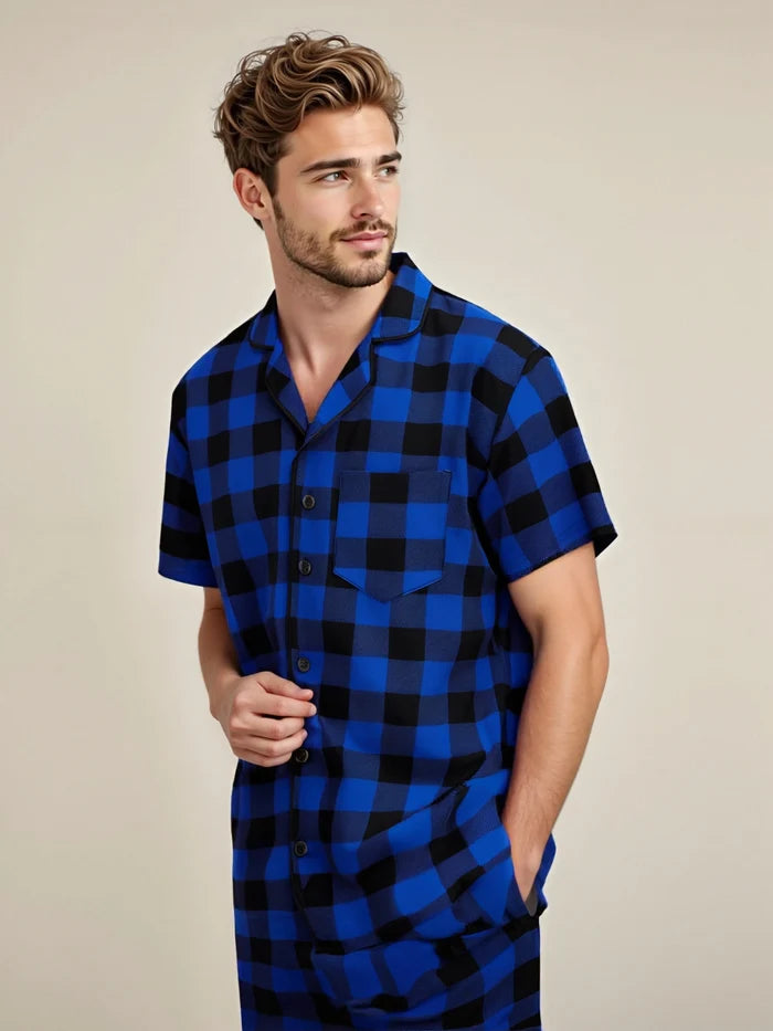 Men's short sleeve pajama set from ShopHub NZ, featuring comfortable fabric and relaxed fit for restful nights.