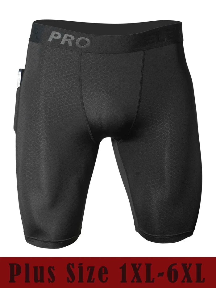 Men's sports running boxer shorts with side pockets, plus size 1XL-6XL, in black with comfortable elastic waistband.