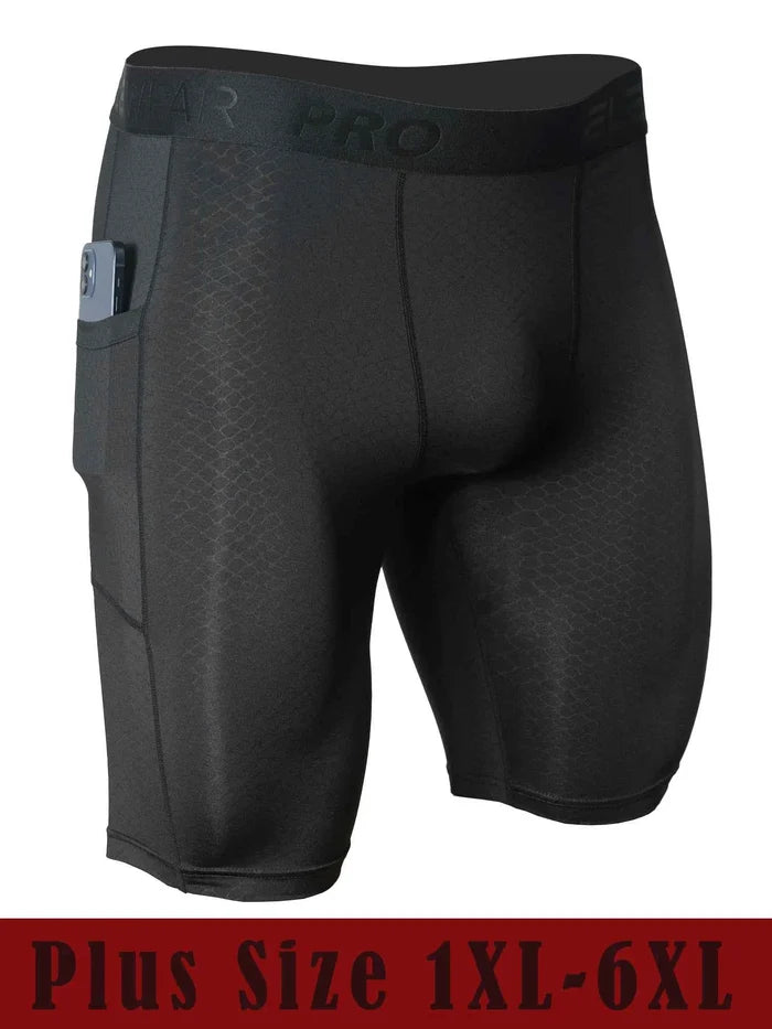 Men's men's sports running boxer shorts with side pockets, plus size 1XL-6XL, in black fabric with elastic waistband.