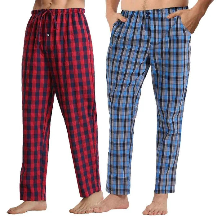 Men's summer pajama pants from ShopHub NZ, comfortable plaid lounge sleepwear with pockets, 2-pack, relaxed fit and breathable fabric.