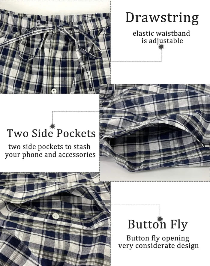 Men's summer pajama pants from ShopHub NZ, comfortable plaid lounge sleepwear with pockets in a 2-pack, ideal for relaxing.