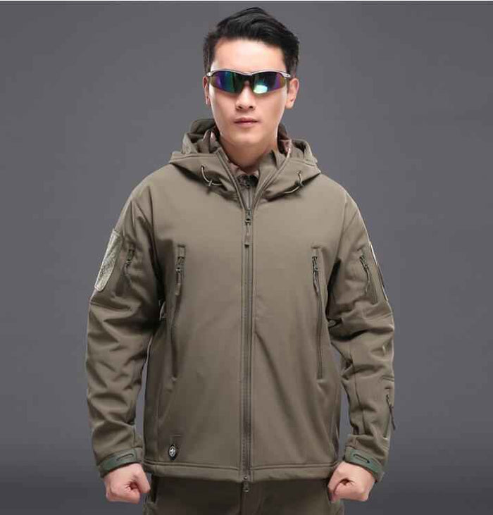 Men's Mead's Supply & Equipment Outfitters tactical softshell jacket with waterproof, windproof exterior and fleece lining for outdoor hiking