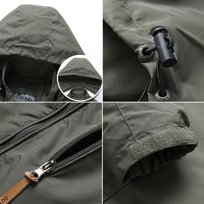 Men's waterproof sports jacket by Mead's Supply with power bank pocket, cable port, suitable for spring and autumn outdoor activities.
