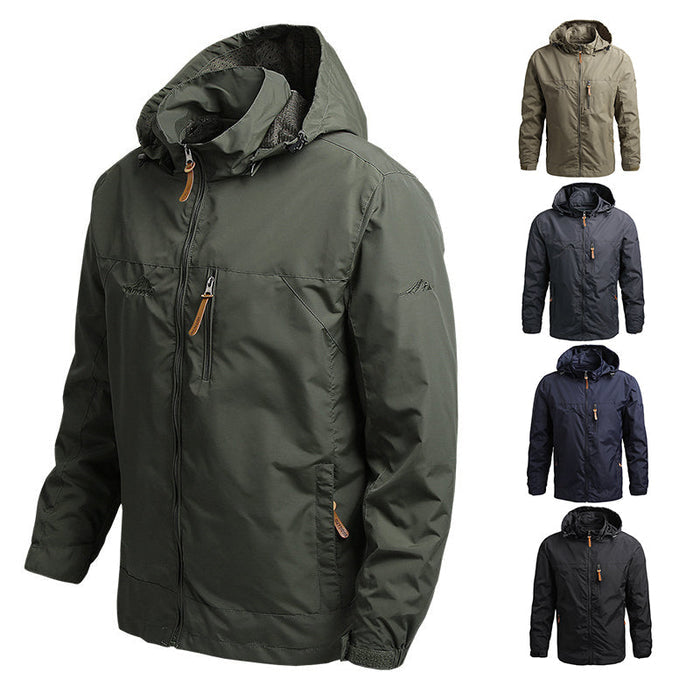 Men's waterproof sports jacket by Mead's Supply with power bank pocket, cable port, ideal for outdoor spring and autumn activities.