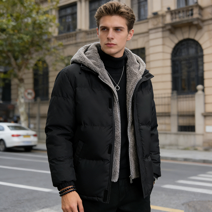 Men's white winter jacket, size S to 4XL, from dealonline.co.nz, shown on a hanger with a padded, insulated design.
