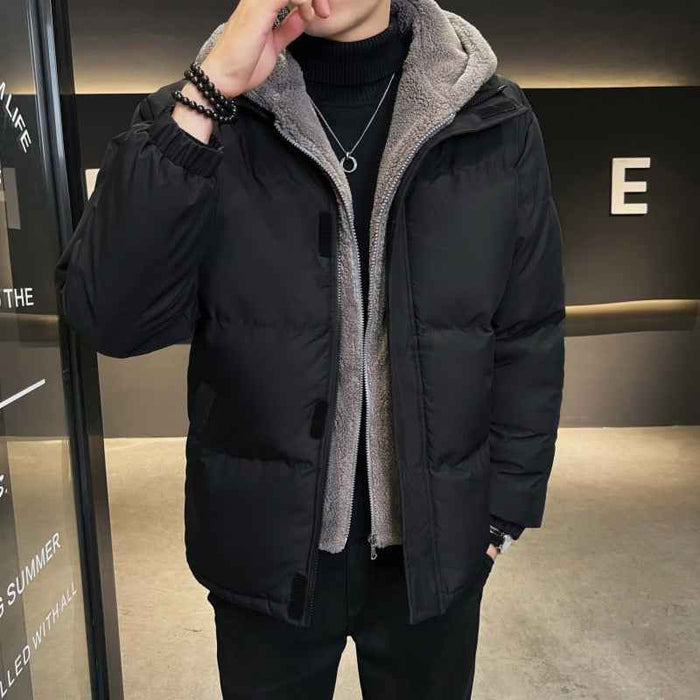 Men's white winter jacket in size S to 4XL, casual outerwear with a hood, from dealonline.co.nz, displayed on a hanger.
