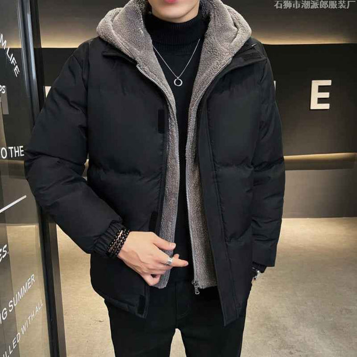 Men's white winter jacket in size S to 4XL, stylish and warm, with a full front zipper and hood, shown on a hanger.