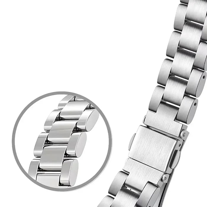 Habicare metal watch band for Garmin Forerunner, Venu, Vivomove series in 18mm, 20mm, and 22mm sizes, available in four colors.