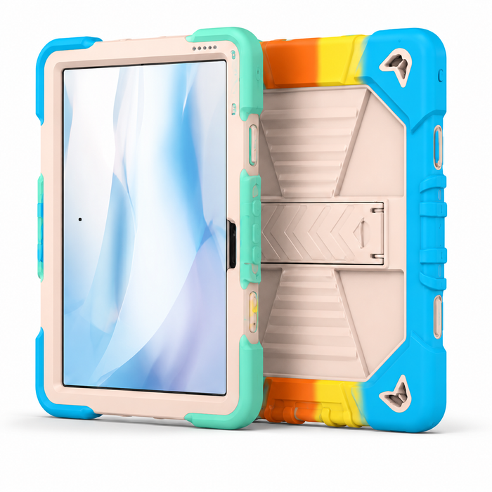 Techplus rugged shockproof case for Microsoft Surface Go 1 tablet with rainbow design and built-in kickstand, front view.