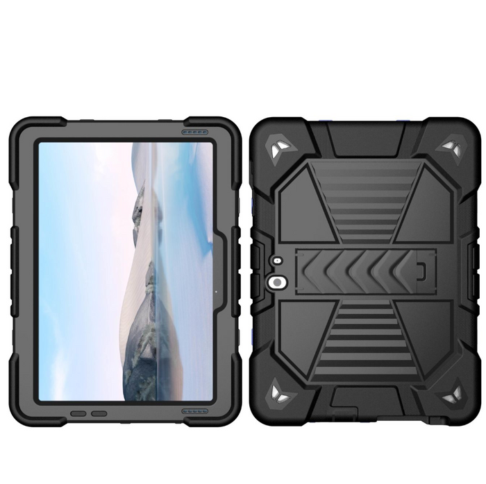 Techplus rugged shockproof case for Microsoft Surface Go 2 tablet, black with built-in kickstand, side view showing protective design