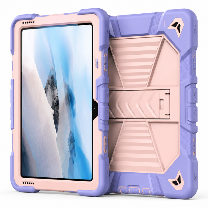 Pink TechPlus rugged shockproof case with kickstand for Microsoft Surface Go 2 tablet, showing front view with textured surface.