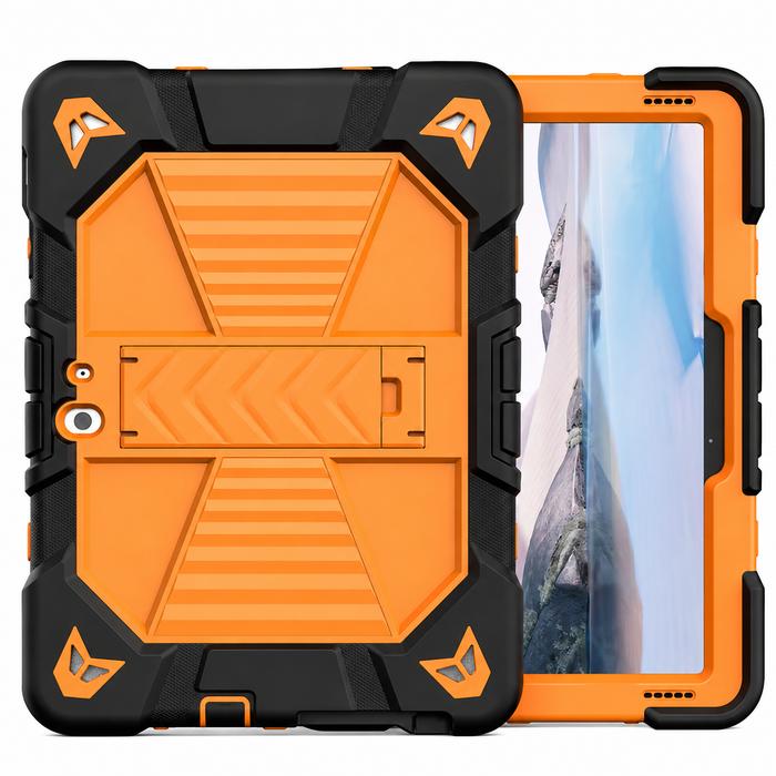 Orange rugged shockproof case with kickstand for Microsoft Surface Go 3 tablet, featuring reinforced edges and textured grip.
