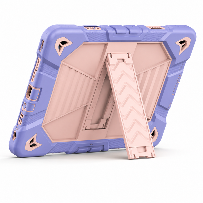 Pink rugged shockproof case with kickstand for Microsoft Surface Go 3 tablet, showing protective material and stand in use.