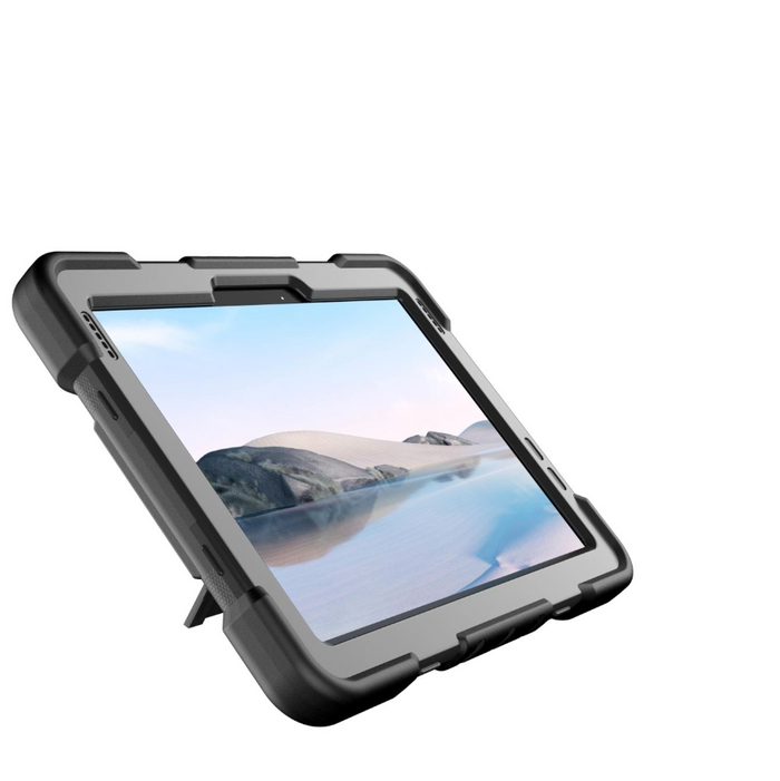 Techplus rugged shockproof case with kickstand for Microsoft Surface Go 4 tablet, black protective cover with sturdy design.