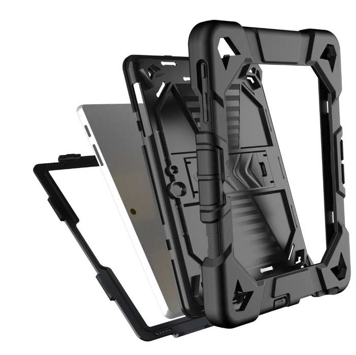 Black TechPlus rugged shockproof case with kickstand for Microsoft Surface Go 4 10.5-inch tablet, featuring precise cutouts for ports and buttons.