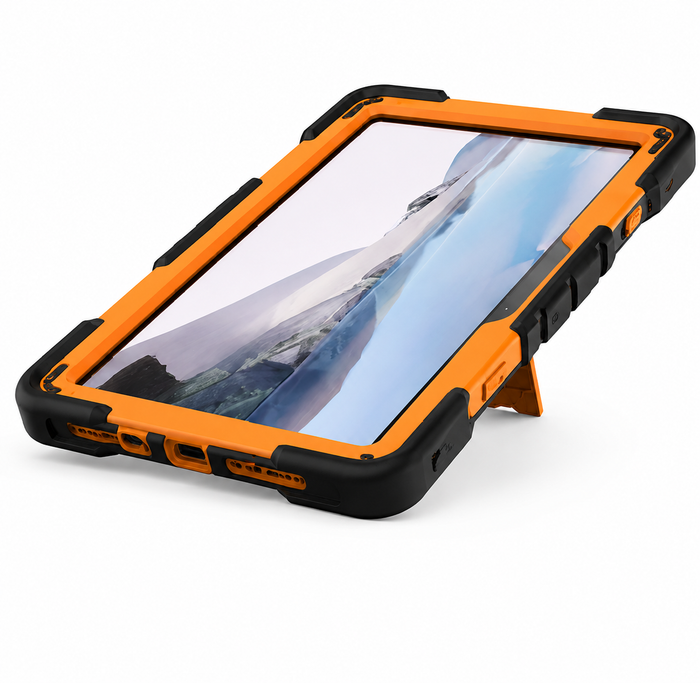 Techplus rugged shockproof orange case for Microsoft Surface Go 4 tablet with kickstand, shown from the back.