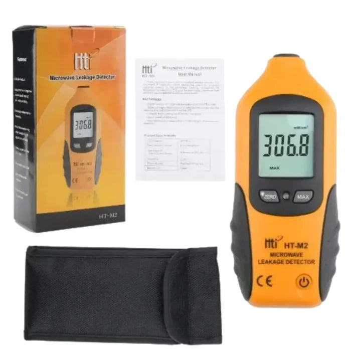 Habicare HBC Microwave Radiation Leakage Detector HT-M2 showing device with digital display and sensors for detecting microwave leaks.