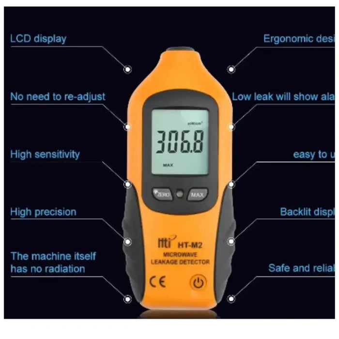 Habicare HBC Microwave Radiation Leakage Detector HT-M2 showing digital display and sensor for detecting microwave leaks